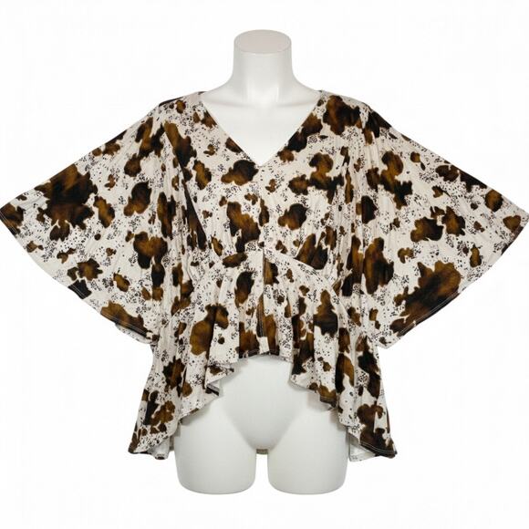 Daytrip Cow Print Top Women's L Brown White Dolman V-Neck High Low Cropped - Picture 1 of 7